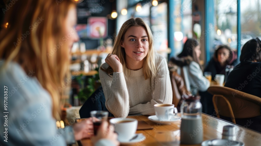 Woman chatting with a friend over coffee in a busy coffee shop Woman chatting with a friend over coffee in a busy coffee shop