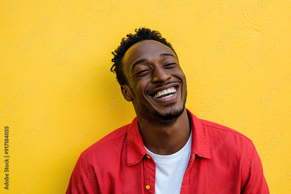 High-Quality Headshot of a Laughing Black Man, Sunlit and Smiling, Wearing a Red Shirt and White T-Shirt, Set Against a Yellow Wall High-Quality Headshot of a Laughing Black Man, Sunlit and Smiling, Wearing a Red Shirt and White T-Shirt, Set Against a Yellow Wall