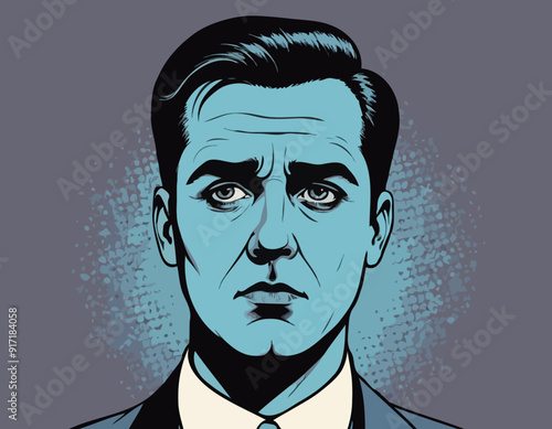Portrait of sad man. Sadness. Surprised man. Concept idea of advertisement and promo. Pop art retro style illustration. People in retro style. Halftone background