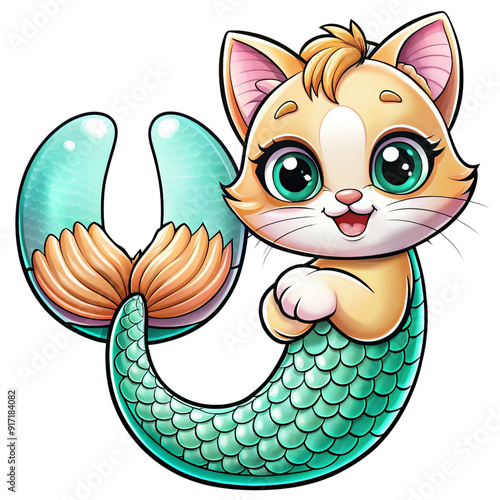 A  hybrid creature combines features of a cat and a mermaid photo