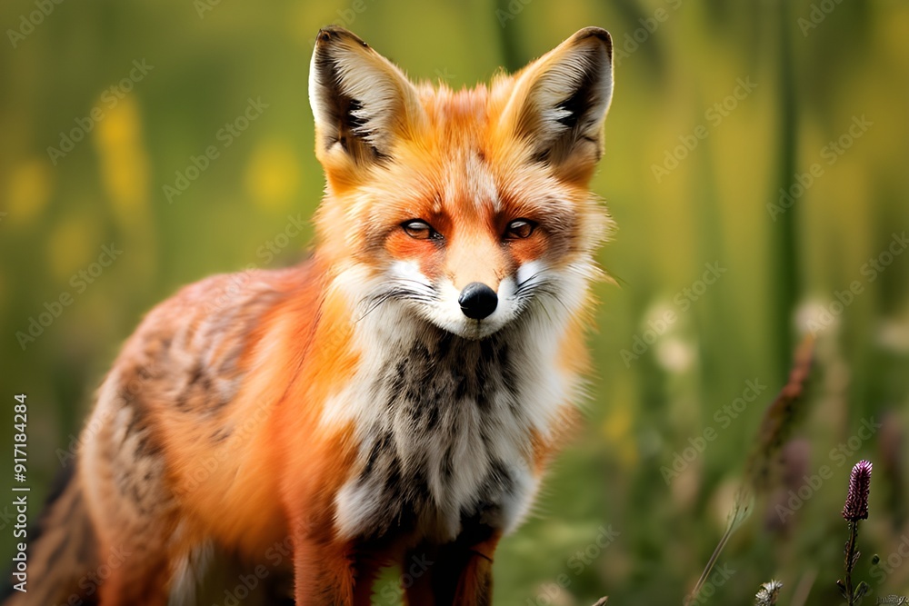 A fox standing gracefully in lush green grass, showcasing its vibrant fur and alert demeanor. A fox standing gracefully in lush green grass, showcasing its vibrant fur and alert demeanor.