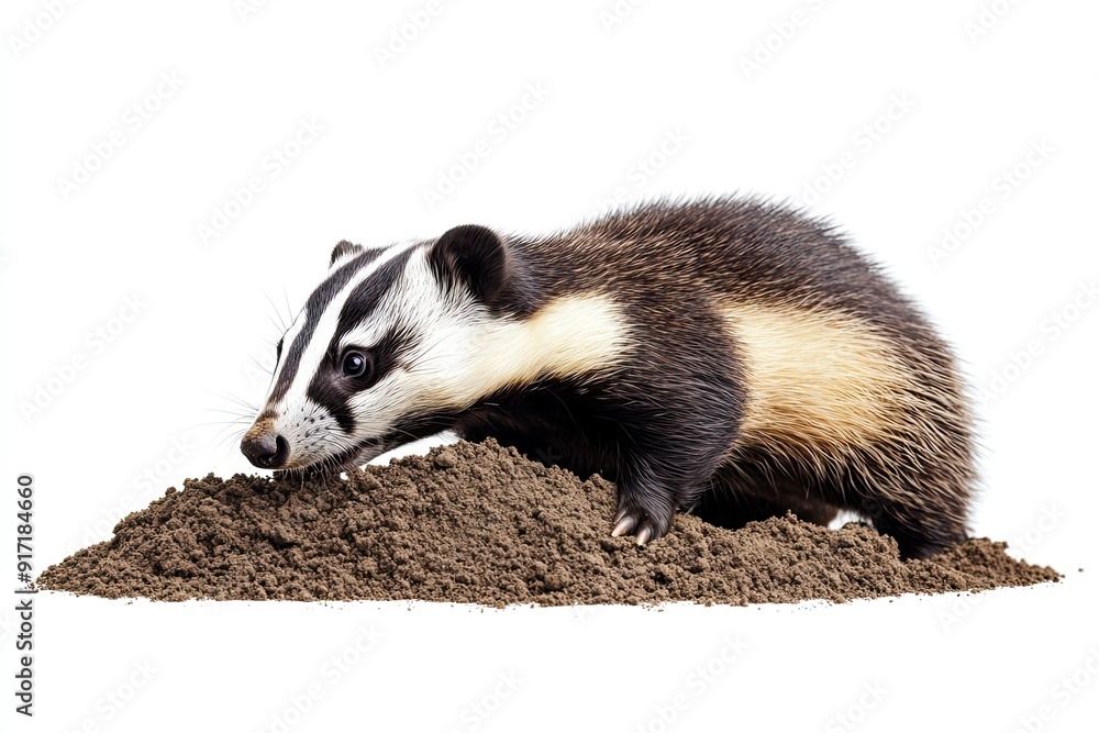 Badger digging and growling isolated on a white background