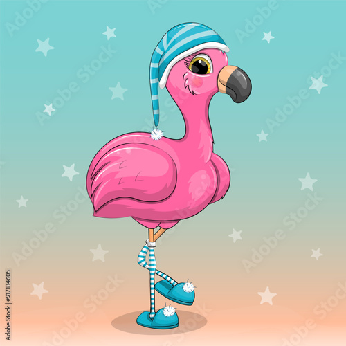 Cute cartoon flamingo wearing nightcap, slippers and striped stockings. Night bird vector illustration on blue background with stars.