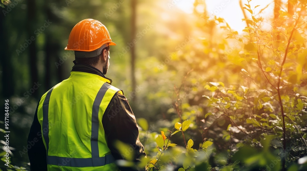 Worker in a reflective vest and helmet observing the forest at sunset. Environmental conservation and safety concept. Worker in a reflective vest and helmet observing the forest at sunset. Environmental conservation and safety concept.