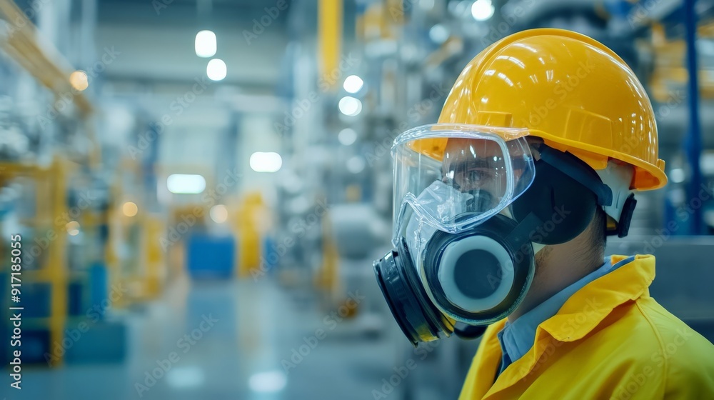 Worker in protective gear with a hard hat and gas mask in an industrial setting, ensuring safety and compliance with regulations. Worker in protective gear with a hard hat and gas mask in an industrial setting, ensuring safety and compliance with regulations.