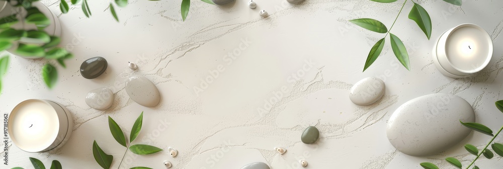 Meditation serenity wallpaper with ample copy space, 3D flat lay minimalist design, tranquil elements like candles, smooth stones, and green leaves surrounding a central empty area, soft pastel colors