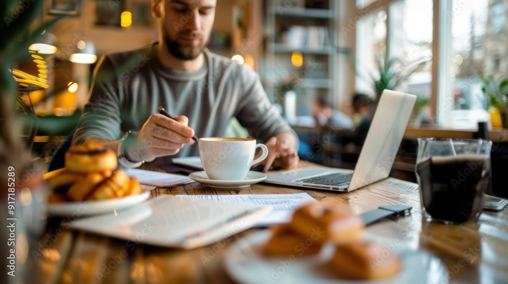 Remote worker focused on tasks with coffee and snacks in a cafe Remote worker focused on tasks with coffee and snacks in a cafe