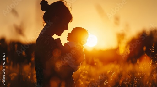 Silhouette of a mother tenderly cradling her baby in a peaceful sunset scene, with warm golden light casting long shadows and creating an intimate, heartwarming moment filled with love and serenity, p