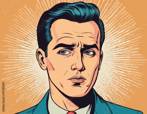 Portrait of sad man. Sadness. Surprised man. Concept idea of advertisement and promo. Pop art retro style illustration. People in retro style. Halftone background