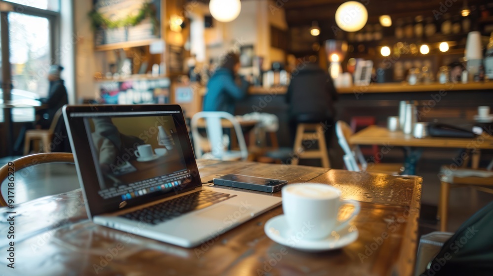 Busy coffee shop table with laptop, phone, and coffee cup Busy coffee shop table with laptop, phone, and coffee cup