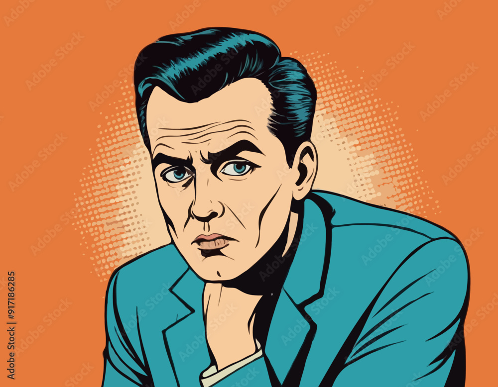 Portrait of sad man. Sadness. Surprised man. Concept idea of advertisement and promo. Pop art retro style illustration. People in retro style. Halftone background Portrait of sad man. Sadness. Surprised man. Concept idea of advertisement and promo. Pop art retro style illustration. People in retro style. Halftone background