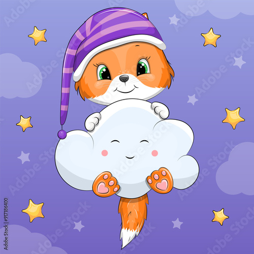Cute cartoon fox in a nightcap flies with a cloud in the night sky. Vector illustration of an animal on a blue background with stars and clouds.