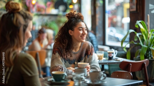 Woman chatting with a friend over coffee in a busy cafe