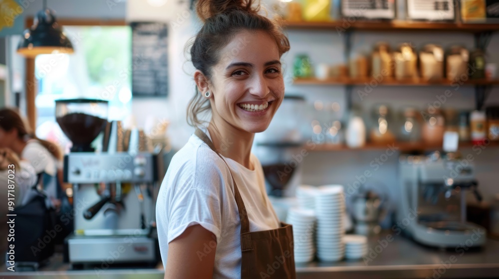 Coffee shop owner greeting customers with a smile Coffee shop owner greeting customers with a smile