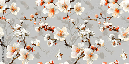 Seamless 3D Abstract Spring Natural Floral Blossom White, Orange Flower on a Branch Pattern With Delicate Plant and Flower Leaves Border on Lite Background