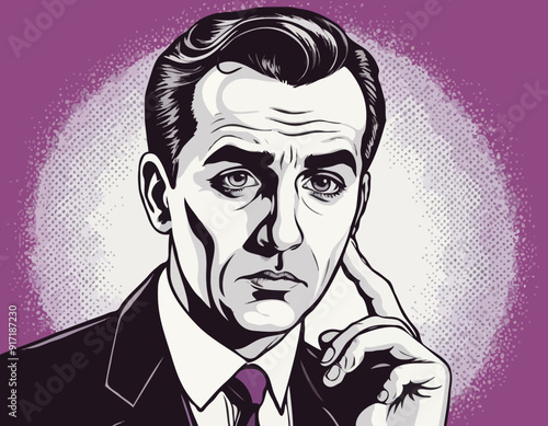 Portrait of sad man. Sadness. Surprised man. Concept idea of advertisement and promo. Pop art retro style illustration. People in retro style. Halftone background