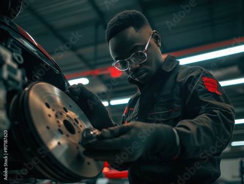 A young afroamerican man in a black jacket is working on a car's brake