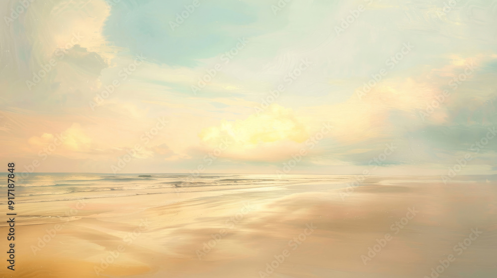 Obraz premium A painting of a beach with a cloudy sky and a small cloud in the middle