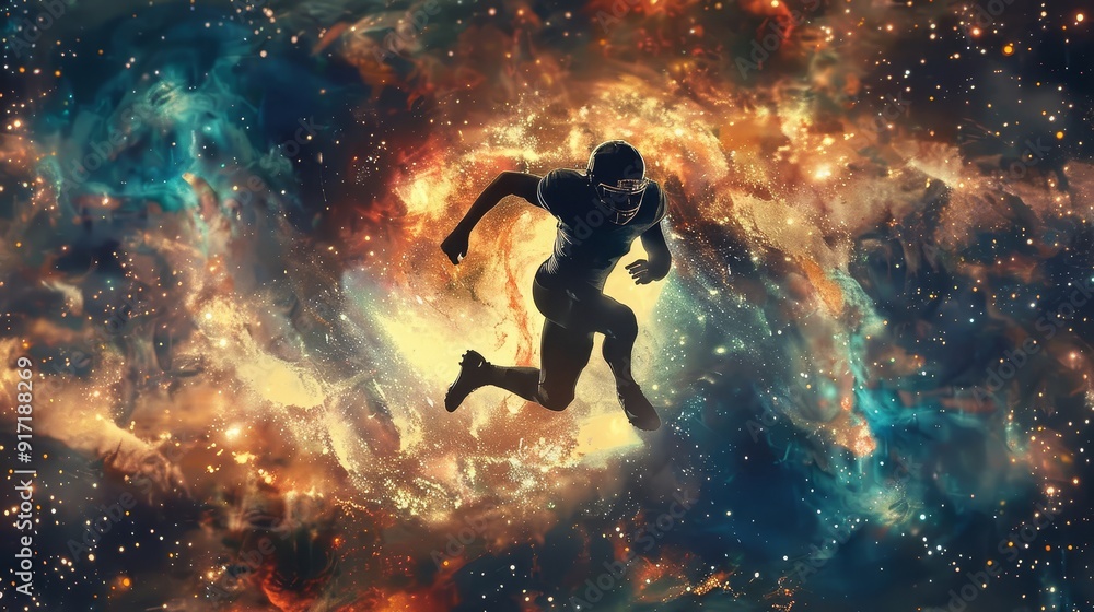 Silhouetted American football player leaping in dynamic motion against a backdrop of swirling galaxies and nebulae vibrant colors contrast between dark silhouette and bright cosmic background epic spo Silhouetted American football player leaping in dynamic motion against a backdrop of swirling galaxies and nebulae vibrant colors contrast between dark silhouette and bright cosmic background epic spo