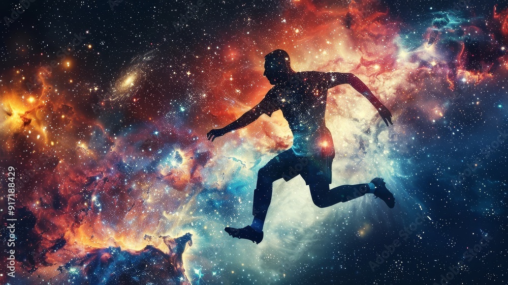 Football Soccer player in dynamic action pose, double exposure effect blending the player with a celestial space background, brilliant stars and galaxies merging with the athlete's silhouette, vibrant Football Soccer player in dynamic action pose, double exposure effect blending the player with a celestial space background, brilliant stars and galaxies merging with the athlete's silhouette, vibrant