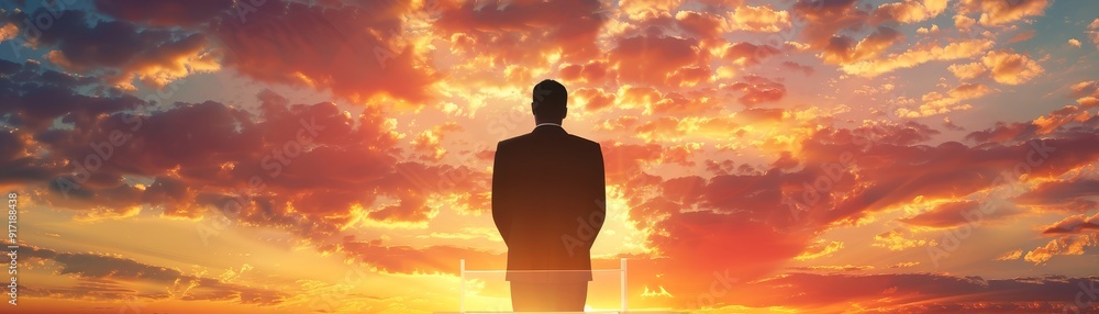 Silhouetted politician standing confidently during a sunset on a podium, background with blurred crowd, vibrant twilight sky, dramatic lighting for a classic stock photo Silhouetted politician standing confidently during a sunset on a podium, background with blurred crowd, vibrant twilight sky, dramatic lighting for a classic stock photo