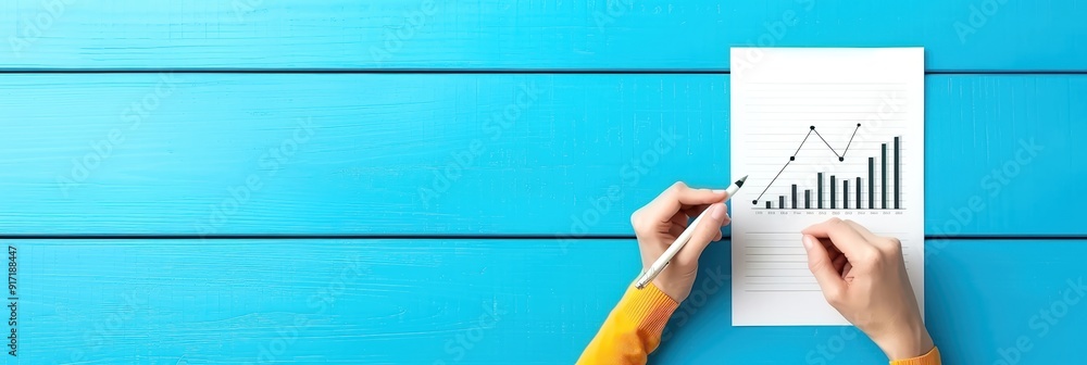 Person analyzing a financial graph on paper with a pencil on a vibrant blue wooden background, representing data analysis and business growth. Person analyzing a financial graph on paper with a pencil on a vibrant blue wooden background, representing data analysis and business growth.