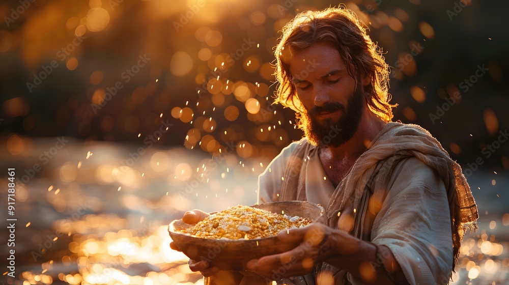 Jesus blessing five loaves and two fish, serene atmosphere with soft lighting, detailed textures on the food, background of a quiet riverside, warm light reflecting off the water, hd quality, Jesus blessing five loaves and two fish, serene atmosphere with soft lighting, detailed textures on the food, background of a quiet riverside, warm light reflecting off the water, hd quality,
