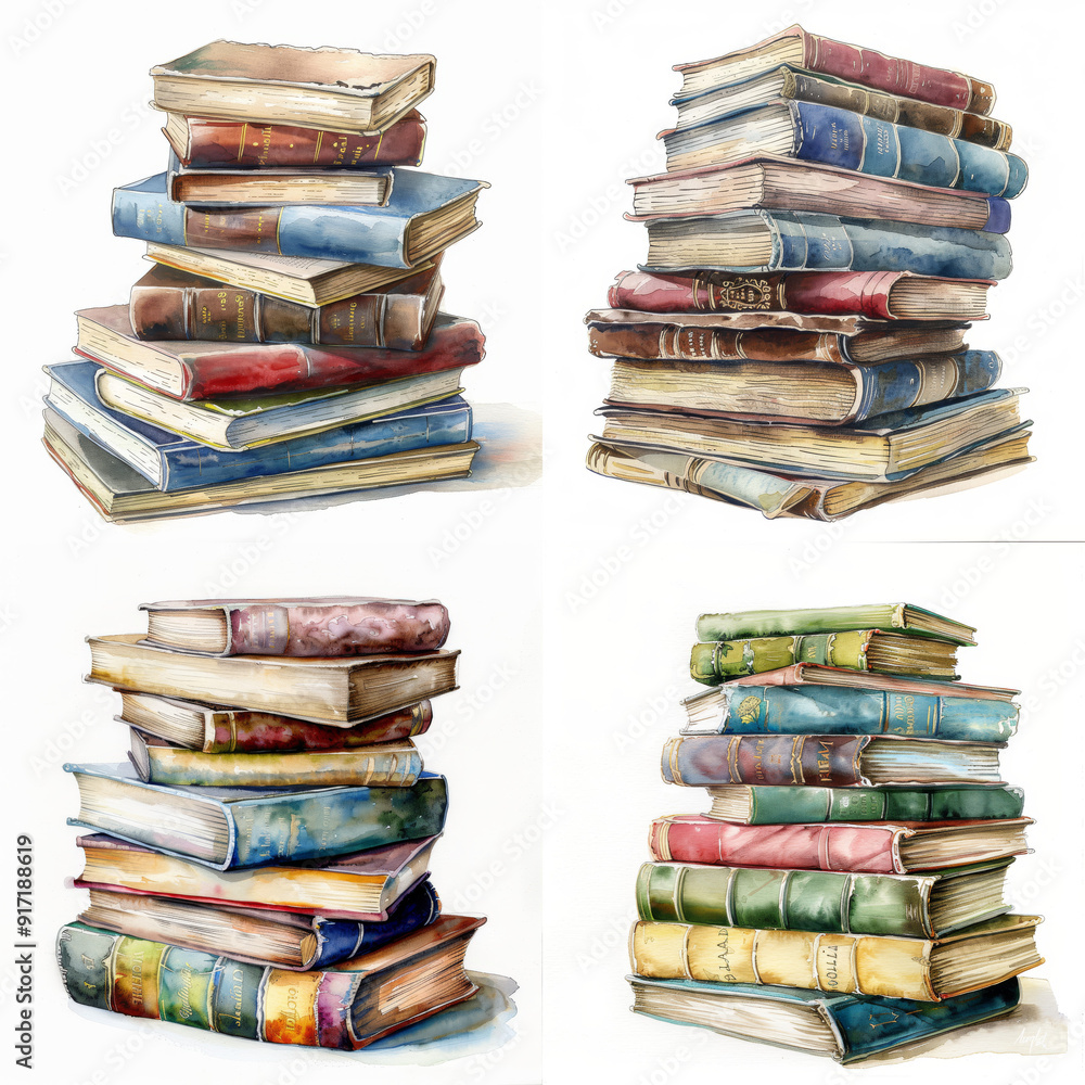 Stack of books in watercolor on white background Stack of books in watercolor on white background