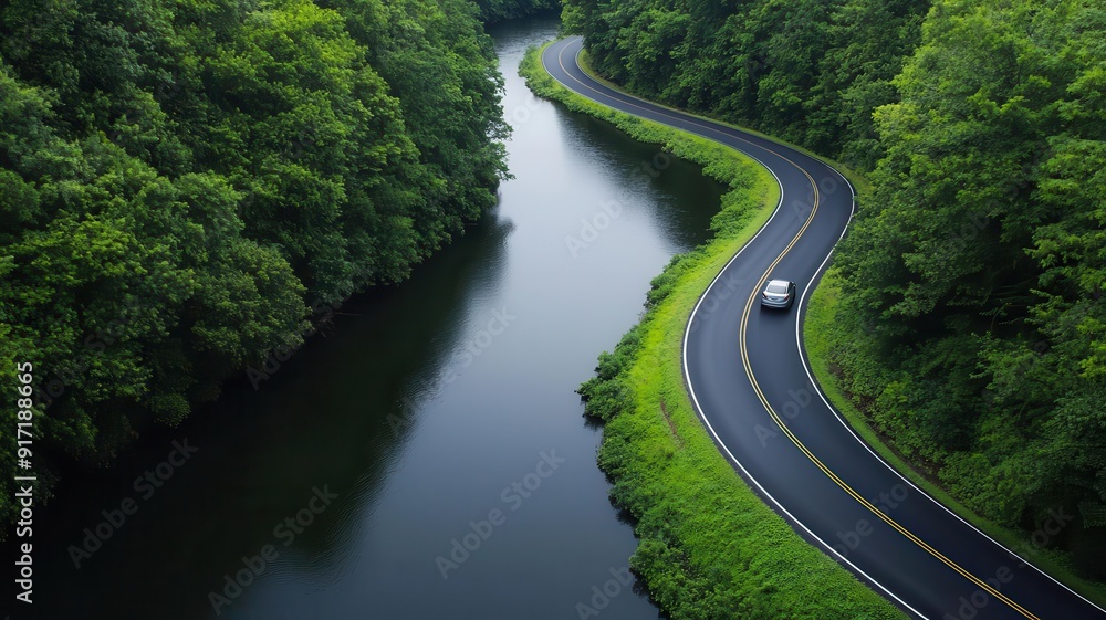 Road winding along a river with a car driving beside the water, capturing the peacefulness of a scenic drive on vacation Road winding along a river with a car driving beside the water, capturing the peacefulness of a scenic drive on vacation