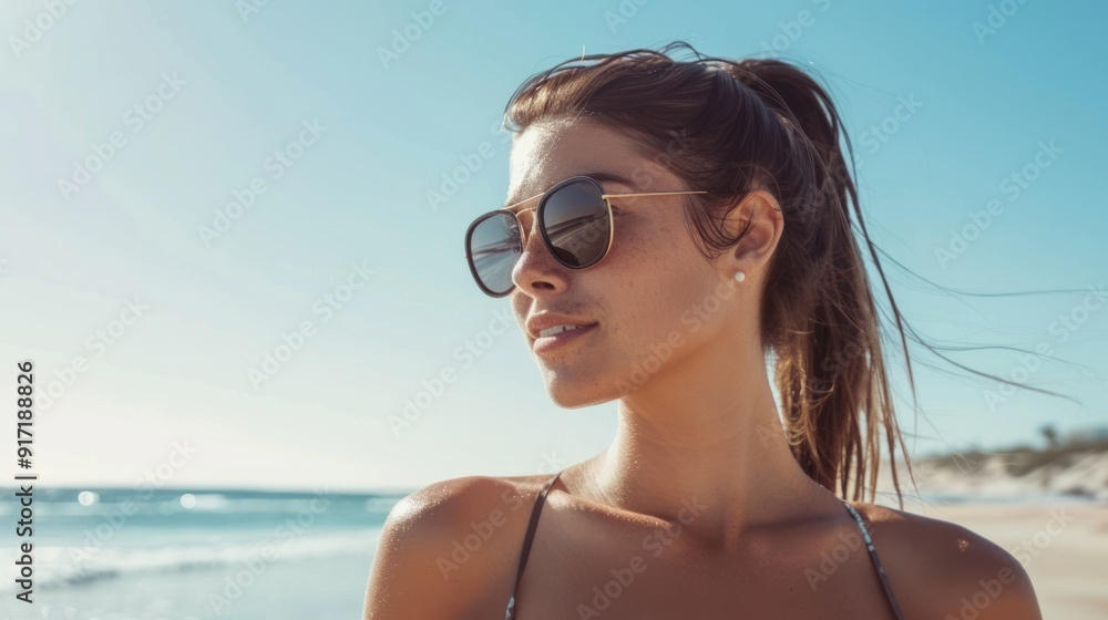 Woman with a ponytail, enjoying a day at the beach, wearing sunglasses and a swimsuit. Woman with a ponytail, enjoying a day at the beach, wearing sunglasses and a swimsuit.