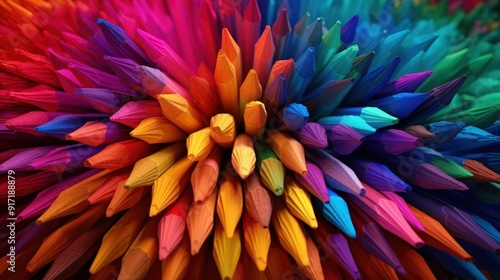 A vibrant display of colored pencils arranged in a radial pattern.