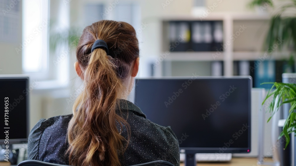 Woman with a ponytail, working at her desk in a modern office environment. Woman with a ponytail, working at her desk in a modern office environment.