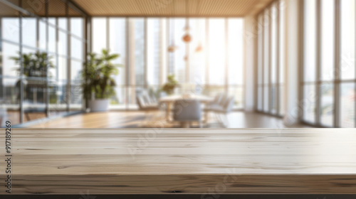 Modern open-plan office with wooden desk, natural light, and airy ambiance perfect for business, productivity, or commercial use, space for product display.