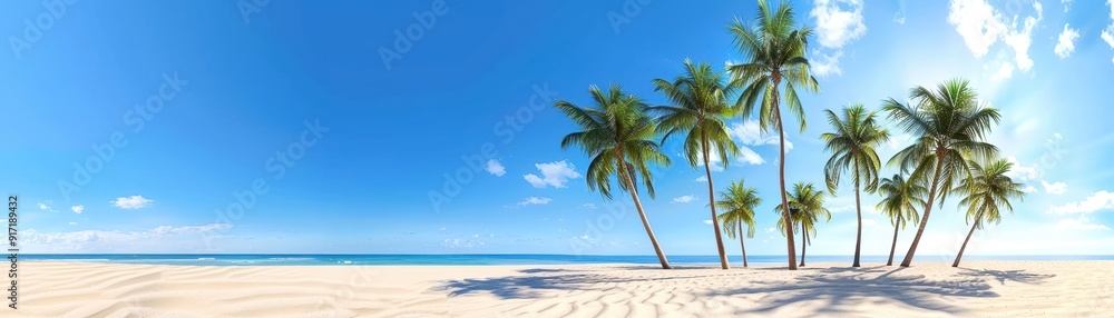Stunning tropical beach with palm trees against a bright blue sky, pristine white sand, and crystal-clear ocean water. Stunning tropical beach with palm trees against a bright blue sky, pristine white sand, and crystal-clear ocean water.