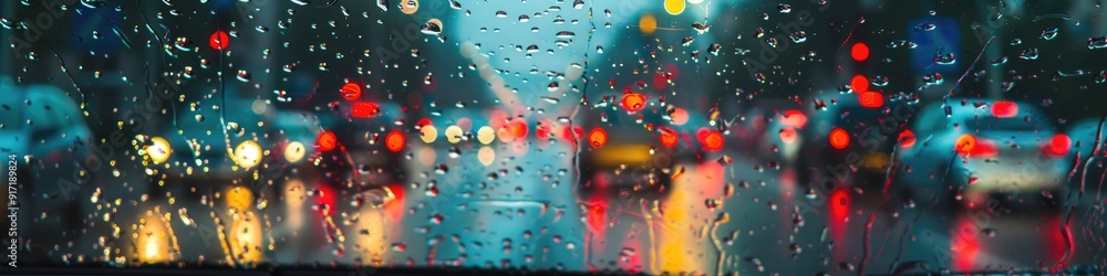 Blurry Street View with Raindrops on Windshield and Traffic Jam on a Drizzly Day in the Rainy Season Blurry Street View with Raindrops on Windshield and Traffic Jam on a Drizzly Day in the Rainy Season