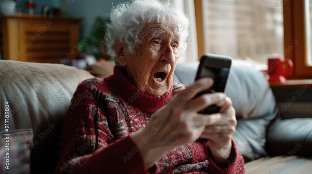 Elderly woman expressing frustration while looking at smartphone screen, sitting in a cozy living room with a bookshelf in the background. Elderly woman expressing frustration while looking at smartphone screen, sitting in a cozy living room with a bookshelf in the background.