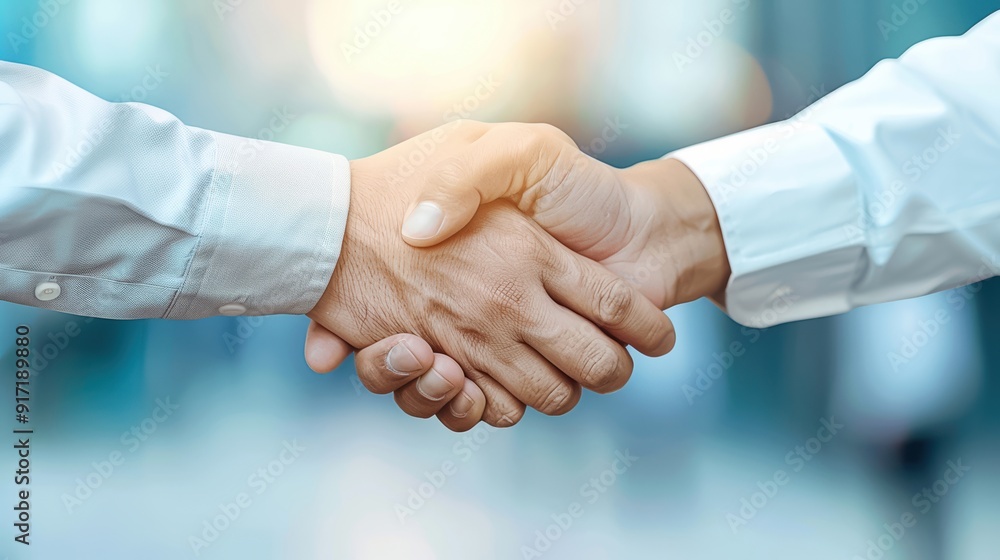 Close-up of two business people shaking hands, symbolizing agreement or partnership in a professional setting with bright background. Close-up of two business people shaking hands, symbolizing agreement or partnership in a professional setting with bright background.