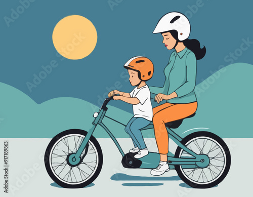 Mom puts on her son's helmet for a safe ride. Mom teaches her son to ride a cycle hand-drawn picture. The character of a woman with her son riding a motobike