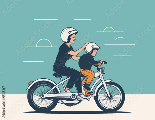 Mom puts on her son's helmet for a safe ride. Mom teaches her son to ride a cycle hand-drawn picture. The character of a woman with her son riding a motobike