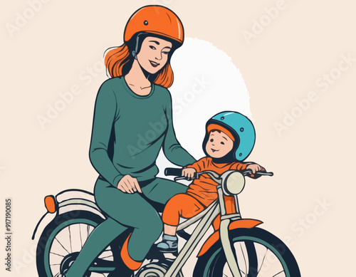 Mom puts on her son's helmet for a safe ride. Mom teaches her son to ride a cycle hand-drawn picture. The character of a woman with her son riding a motobike