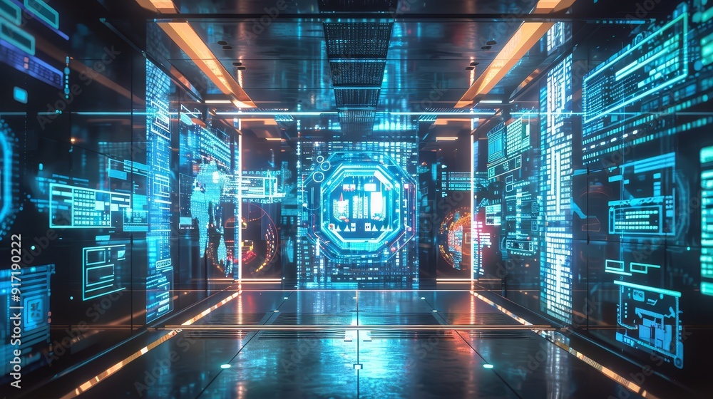 A sleek, futuristic data center interior with holographic displays showcasing data streams, coding, and network connections. The image symbolizes innovation, technology, digital transformation, data s A sleek, futuristic data center interior with holographic displays showcasing data streams, coding, and network connections. The image symbolizes innovation, technology, digital transformation, data s