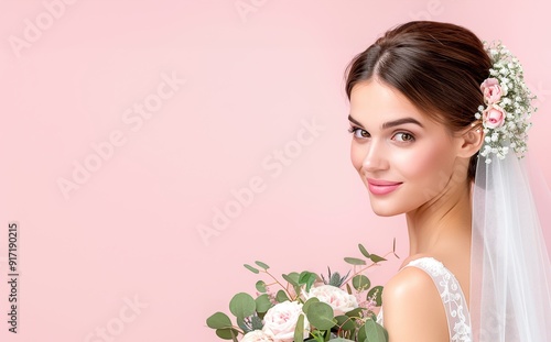 Beautiful bride with floral bouquet, smiling against pink background. Perfect for wedding, love, and romance themes.