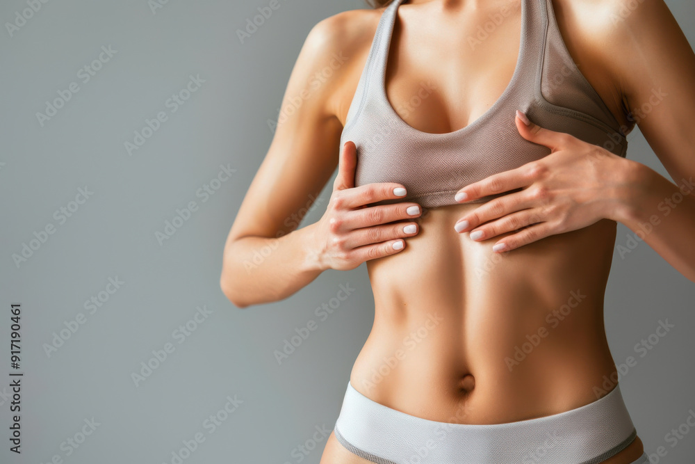 A close-up of a woman adjusting her sports bra, showcasing an athletic physique and fitness lifestyle. A close-up of a woman adjusting her sports bra, showcasing an athletic physique and fitness lifestyle.