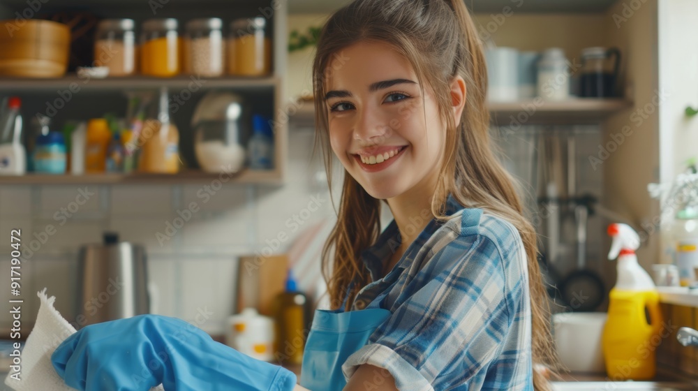 Cheerful young woman cleaning house during weekend. Smiling housekeeper cleaning apartment, wearing blue rubber gloves with cleaning supplies and rag. Cheerful young woman cleaning house during weekend. Smiling housekeeper cleaning apartment, wearing blue rubber gloves with cleaning supplies and rag.