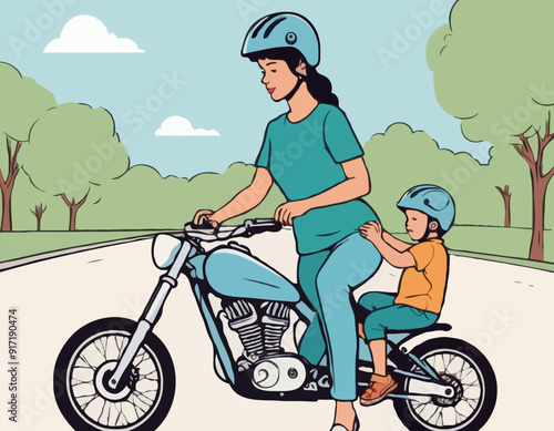 Mom puts on her son's helmet for a safe ride. Mom teaches her son to ride a cycle hand-drawn picture. The character of a woman with her son riding a motobike