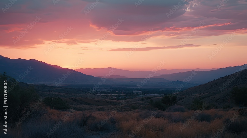 A peaceful outdoor landscape at sunset, with mountains in the distance and a sky filled with rich colors, perfect for capturing nature beauty.