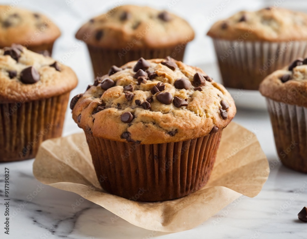 Single light chocolate chip muffin in wax liner on white. Ai generated image. Single light chocolate chip muffin in wax liner on white. Ai generated image.