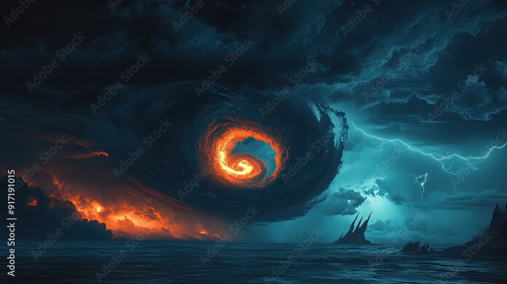 A powerful tornado swirls over the ocean, illuminated by flashes of ...