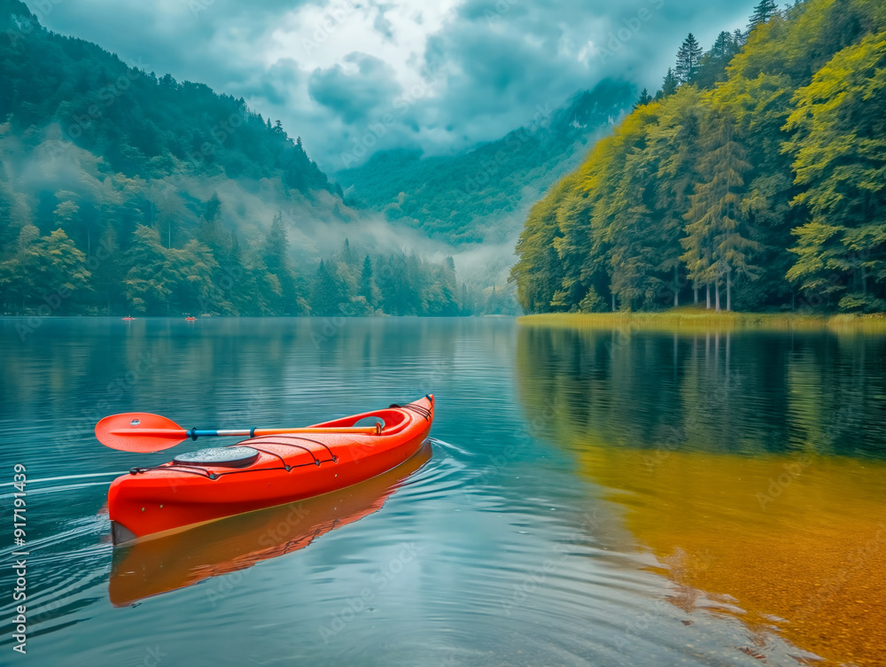 A red kayak is floating on a lake with a cloudy sky in the background. The scene is peaceful and serene, with the water reflecting the sky and the trees in the distance A red kayak is floating on a lake with a cloudy sky in the background. The scene is peaceful and serene, with the water reflecting the sky and the trees in the distance