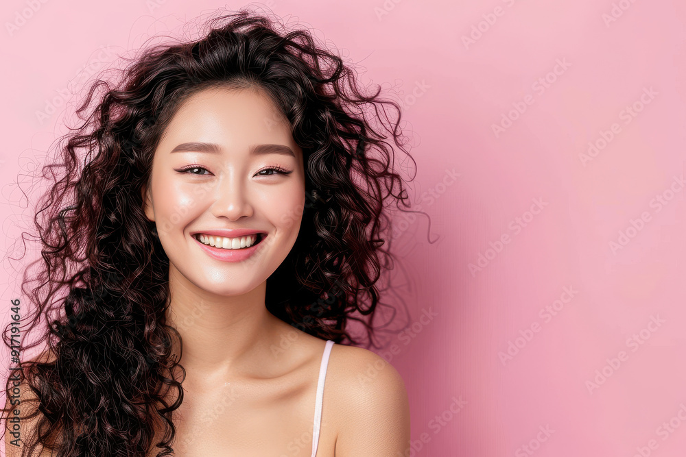 A smiling asian woman with curly hair against a pink background, radiating joy and beauty in a fresh and modern portrait. A smiling asian woman with curly hair against a pink background, radiating joy and beauty in a fresh and modern portrait.